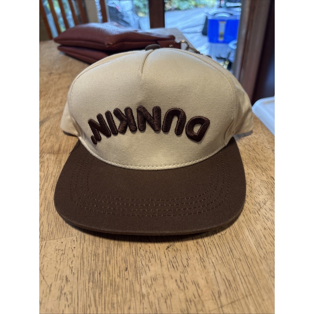 Dunkin' Authentic Upside Down Logo Snapback Hat Cream Brown Adjustable Mens Cap